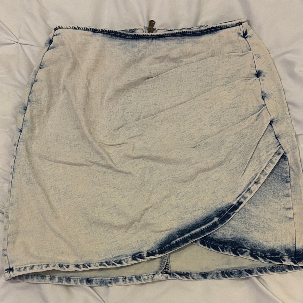 Distressed Denim Wrap Skirt - Cream and Blue
